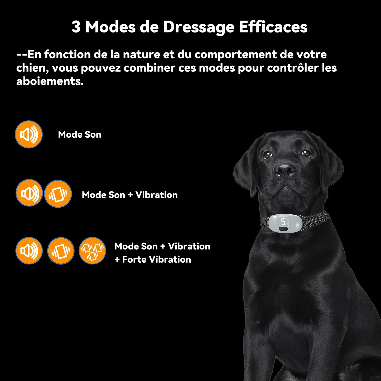 Collier Vibrant-Conformes à La Nouvelle Loi 2024-Collier Anti Aboiement, sans Choc Statique avec 8 Niveaux de Sensibilité Réglables, 8 Niveaux et 3 Modes