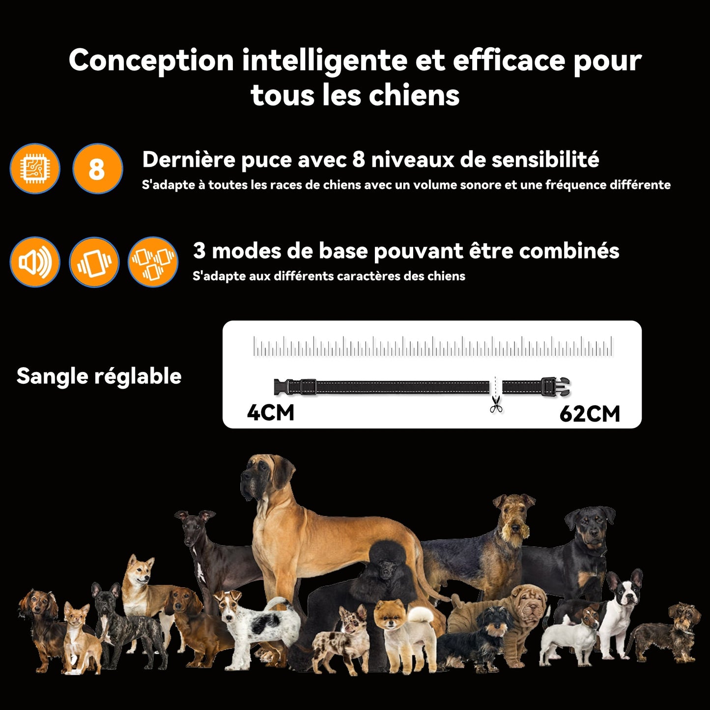 Collier Vibrant-Conformes à La Nouvelle Loi 2024-Collier Anti Aboiement, sans Choc Statique avec 8 Niveaux de Sensibilité Réglables, 8 Niveaux et 3 Modes